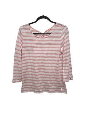 T By Talbots M Pink & White Striped 3/4 Sleeve Top Back Knot 100% Cotton 3467